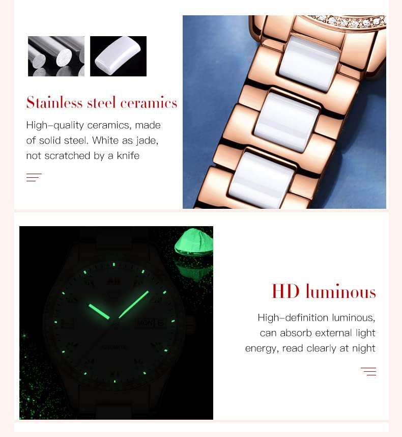 OLEVS Watch for Women Automatic Self Winding Mechanical Ladies Wrist Watch Big face Two Tone Stainless Steel Ceramic Bracelet Heart Diamond Fashion Luxury Ceramic Band Luminous Waterproof3