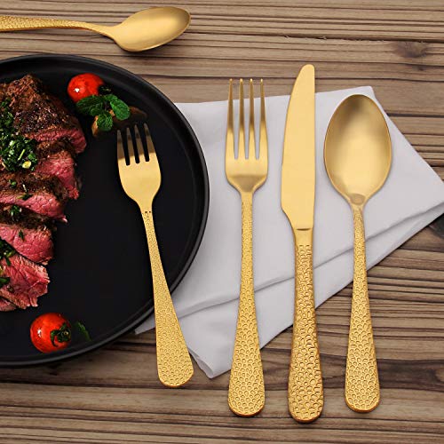 GIOCOCO Hammered Matte Gold Silverware Set 20-Piece, Premium Stainless Steel Utensil Set, Tableware Cutlery Set Service for 4, Flatware Set include Knife/Spoon/Fork, Dishwasher Safe.
