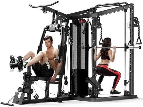 Home Gym System, 150LB Weight Stack Smith Machine with LAT Pull-Down & Leg Press, All-in-One Strength Training Equipment, Workout Station for Workout