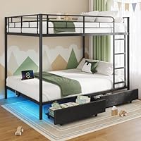 Rolanstar Metal Bunk Bed Full Over Full with USB Charging Station, LED Bunk Bed with 2 Storage Drawers, Bed with Safety Guardrail & Ladders, No Box Spring Needed, Easy Assembly, Black