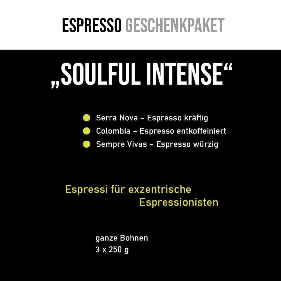 Espresso Geschenkpaket „soulful INTENSE“, Geschenk-Set: 3 x 250 g Kaffee Espresso kräftig, handgeröstet, ganze Bohne, schwarzer Geschenk-Karton, ein Teilstück vom originalen Kaffee-Sack