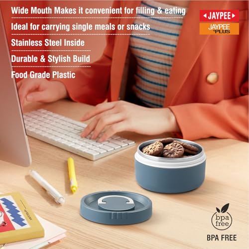 Image of Jaypee Plus Snackpac Airtight Leakproof Container 400 ml Lunch Box for School, Office, Ideal for Snacks and Meal, Keeps Food Hot & Fresh Inner Stainless Steel Easy to Carry Handle, Mirror Grey