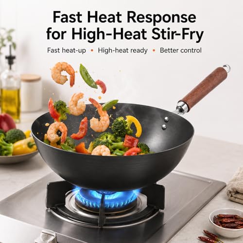 Image of WANGYUANJI 10.24-Inch Carbon Steel Wok with Lid, Flat Bottom Small Wok Pan for 1-3 Servings, Uncoated Stir Fry Pan, Glass Lid, Induction /Gas /Electric Compatible, Wood Handle, Black