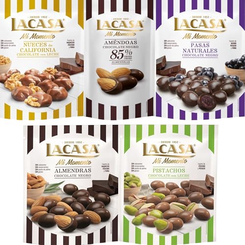 Lacasa Mi Momento pack de 5:Almendra 85% 65G,Nueces Leche 115G,Pasas choco Negro 150G,Almendra choco Negro 125G,Pistacho Leche 100G