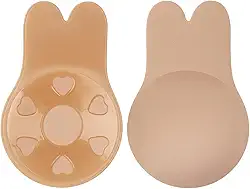 Sutiã Adesivo Reutilizável com Regulagem Frontal – Sem Alça, Levanta Seios, Formato Orelha de Coelho, Invisível para Vestidos e Decotes, Cor Bege