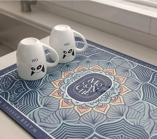 Image of HomeCloud Dish Drying Mat for Kitchen Counter - Super Absorbent, Non-Slip & Heat-Resistant - Quick Dry Rack Pad for Dishes, Utensils, Coffee Maker - Stain-Hiding Design (Blue)