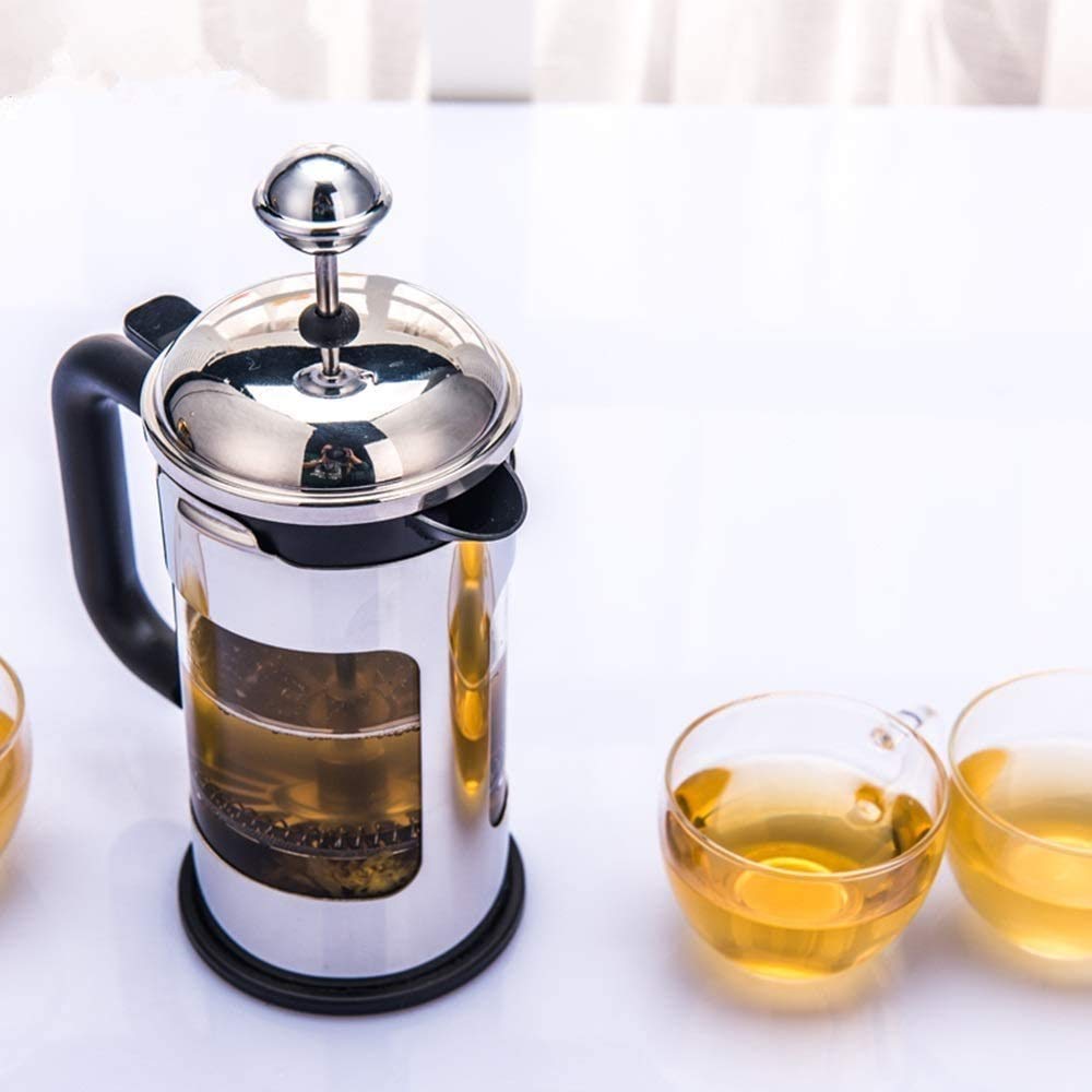 Fabricante de té de café, 304 Prensa de café de Acero Inoxidable con Sistema de filtración de 4 Niveles, Vidrio de borosilicato Espesado Resistente al Calor, 34 onzas, (1 litro) Plateado