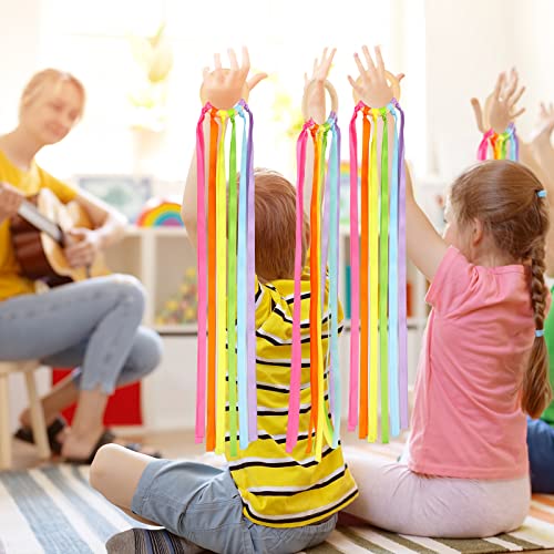 Image of Junkin Ribbon Rings Hand Kite Waldorf Toys Dancing Wrist Ribbons Rainbow Streamers with Wood Ring Educational Toy for Playroom Dancing Birthday Party Gift(Fresh,24 Pcs)