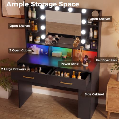 Image of LUCKRACER Vanity Desk with LED Lights Mirror & Charging Station, Makeup Vanity with Storage Drawers and Shelves, Modern Dressing Table for Women Girls Bedroom Black