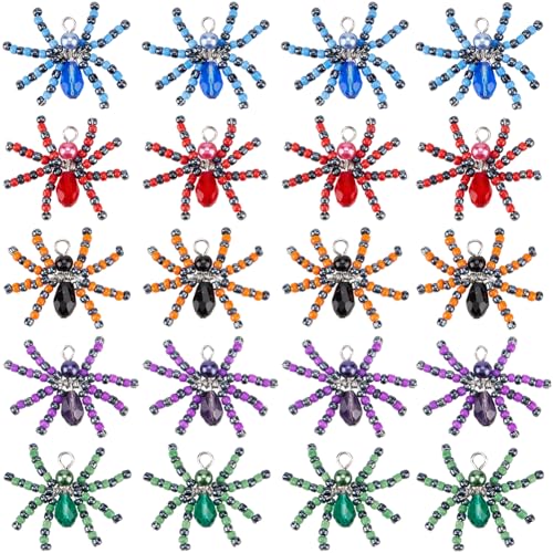 SUNNYCLUE 1 Box 20Pcs Spider Charms Colorful Halloween Glass Charm Bulk Assorted Red Green Blue Crystal Animal Spiders Gemstone Beaded Seed Beads Charm for jewellery Making Charms Supplies DIY Crafts