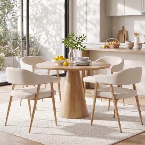 Image of HNY Modern Dining Chairs with Arms Set of 4, Cream Linen Upholstered Chairs