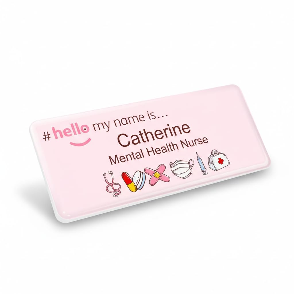 Badgemaster Hello My Name is Logo Pink Nursing Pattern Badge Premium Domed White White 76 x 32mm Doctor Student Nurse Clinical Practitioner Healthcare Assistant Medical Staff GP