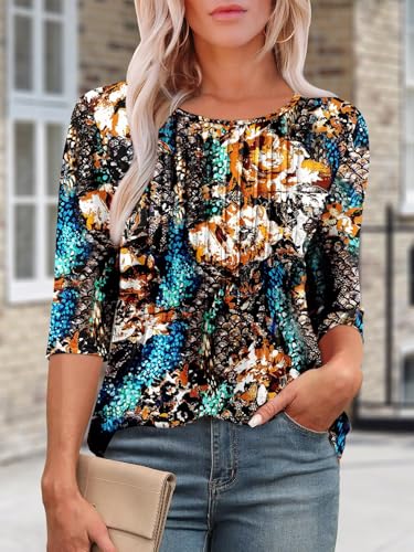 KISSMODA Tunic Tops for Women Loose Fit Dressy Round Neck Pleated 3/4 Length Sleeve Spring Tops