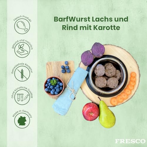 FRESCO Dog Barf Hundewurst schnittfest Lachs mit Rind I 2 x 400g | Getreidefrei, hoher Fleischanteil 80% | Nassfutter für Hunde mit Karotte, Kürbis & Spirulina | Aus Deutschland