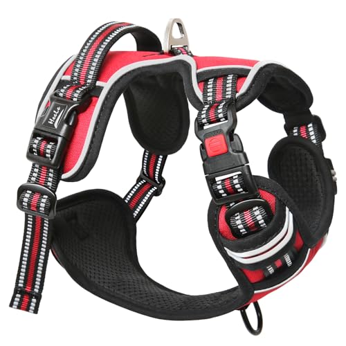 HEELE Hundegeschirr, Brustgeschirre für Hunde, Laufgeschirre Hund mit abschließbarem Schnappverschluss, einstellbare reflektierende Hundegeschirre, Offen am Hals, Anti Zug Dog Harness, Rot, L