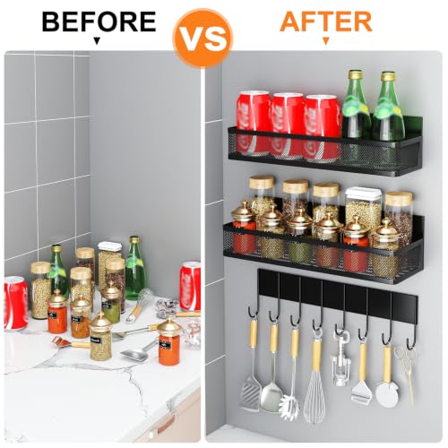 Image of Aufworld Magnetic Spice Rack for Refrigerator, 3 Pack Magnetic Shelf, Moveable Fridge Organizer with 8-Hook Rack, Seasoning Organizer for Kitchen