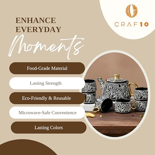 Image of CRAF10 Ceramic Handpainted with Brush Black Desire Gold Tea Morning Set - 1 Kettle (1 Litre) & 6 Cups (160 ML) | Dishwasher Safe | Teapot | Tea Sets with Kettle for Gifting