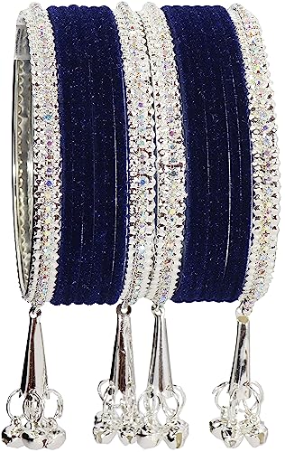 NMII Metal with Zircon Gemstone and Velvet Studded Bells Latkan Bangles Set For Girls and Women I Latkan Bangles, Premium Bangle Bracelet Set (Silver-Blue-2.8 Inches), Pack Of 16