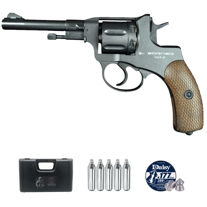 Revólver Borner NGT Black balines (4,5mm) | Pack Pistola de balines (Caja de balines + maletín + 5 Cargas). Arma de Aire comprimido Calibre 4,5mm