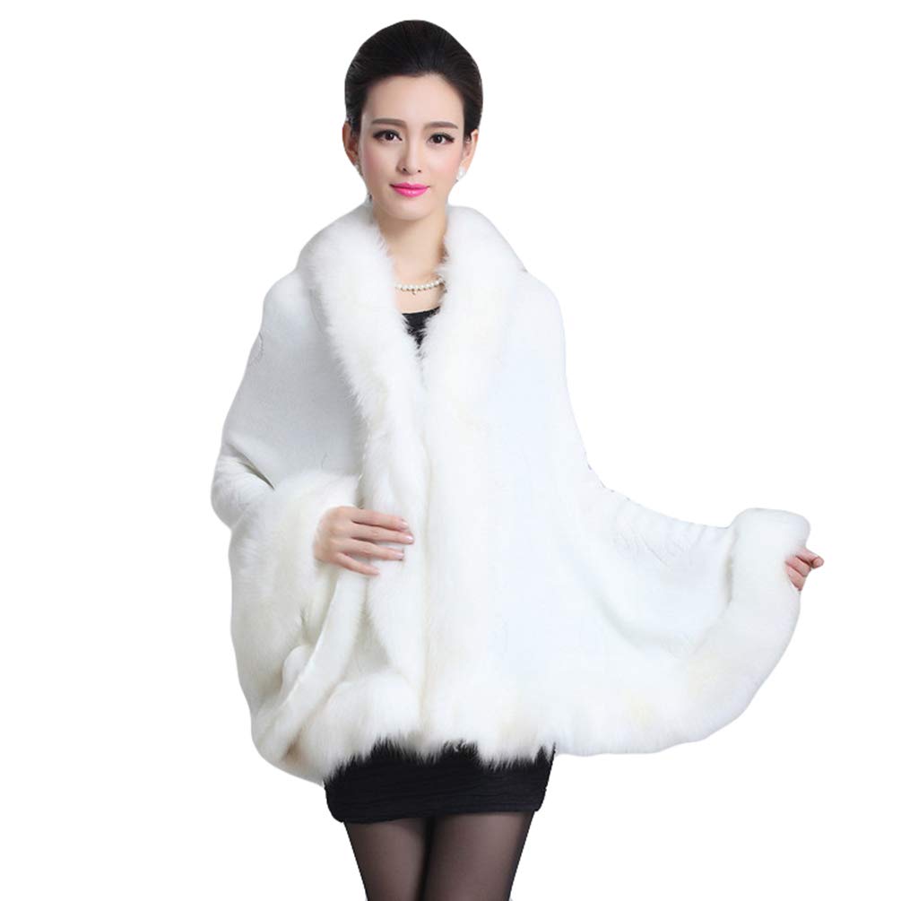 Zkooo Women's White Faux Fur Winter Warm Cardigan Poncho Thick Wrap Shawl Cloak Coat Luxurious Sweater Cape Outerwear Overcoat For Wedding Evening Party