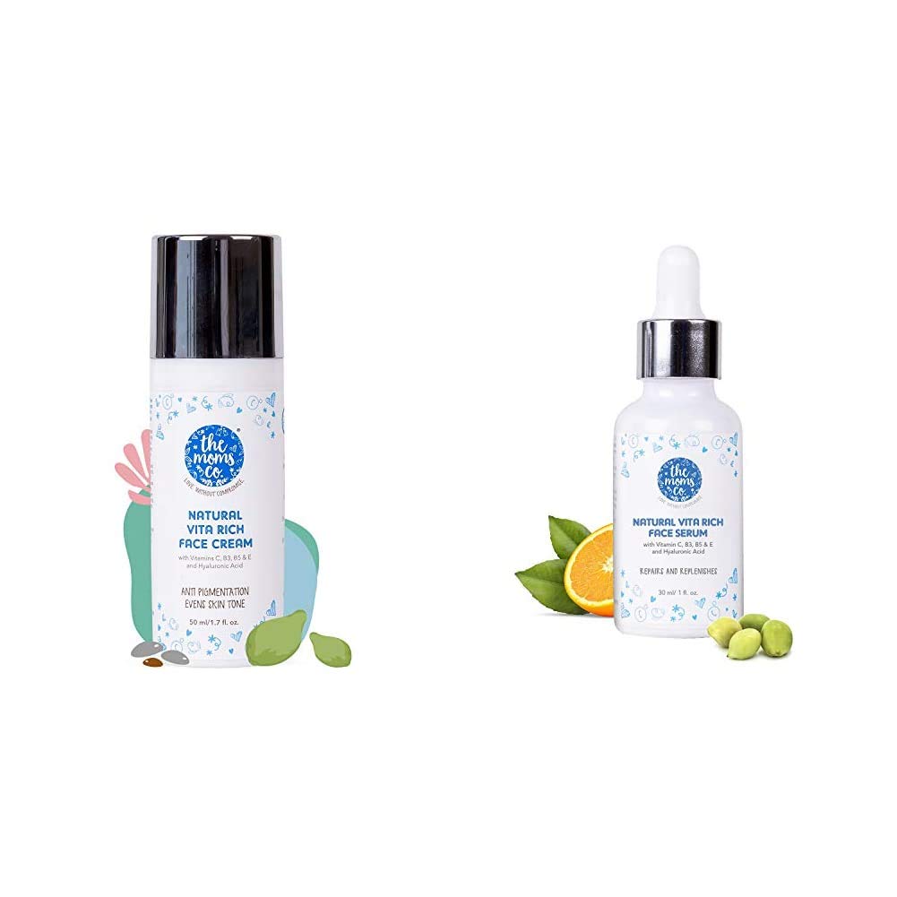 The Moms Co Vita Rich Face Cream with Vitamins C, B3, B5 & E and Hyaluronic Acid 50g & Vita Rich Face Serum for Deep Hydration,Pigmentation, Fine Lines & Wrinkles- 30 ml
