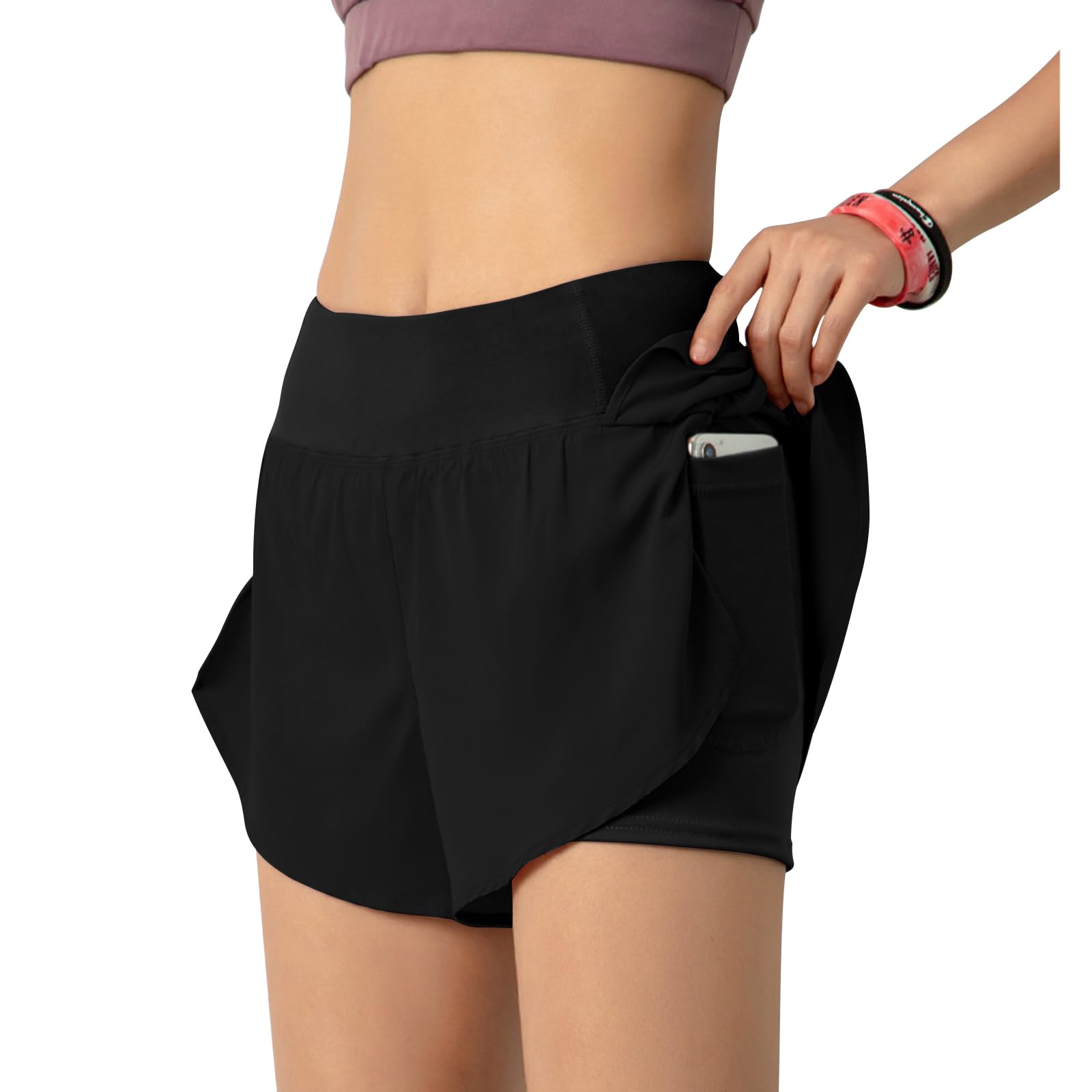 Short de course 2 en 1 pour femme, séchage rapide, short de course avec poche pour téléphone, short d'entraînement athlétique, jogging, gym, yoga avec doublure pour femme