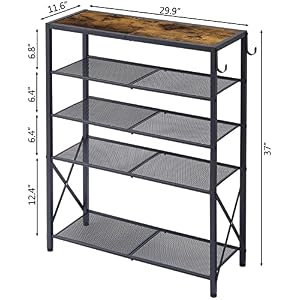 Tajsoon 5 Tier Shoe Rack Organizer for 16-20 Pairs of Shoes, Front Door Shoe Rack with 2 Hooks, Metal Mesh Shoe Shelf for Entryway, Shoe Storage with X Shape Fixed Frame, Rustic Brown & Black Tajsoon 5 Tier Shoe Rack Organizer for 16 20 Pairs of Shoes Front Door Shoe Rack with 2 Hooks Metal Mesh Shoe Shelf for Entryway Shoe Storage with X Shape Fixed Frame Rustic Brown Black