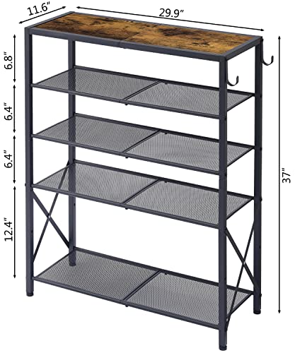 Tajsoon-5-Tier-Shoe-Rack-Organizer-for-16-20-Pairs-of-Shoes-Front-Door-Shoe-Rack-with-2-Hooks-Metal-Mesh-Shoe-Shelf-for-Entryway-Shoe-Storage-with-X-Shape-Fixed-Frame-Rustic-Brown-Black Tajsoon 5 Tier Shoe Rack Organizer for 16 20 Pairs of Shoes Front Door Shoe Rack with 2 Hooks Metal Mesh Shoe Shelf for Entryway Shoe Storage with X Shape Fixed Frame Rustic Brown Black