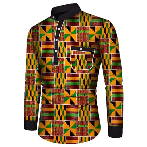 ABCWAX Men's African Ankara Pattern Print Shirt Casual Long Sleeve Button Down Shirts Printed Dashiki for Men