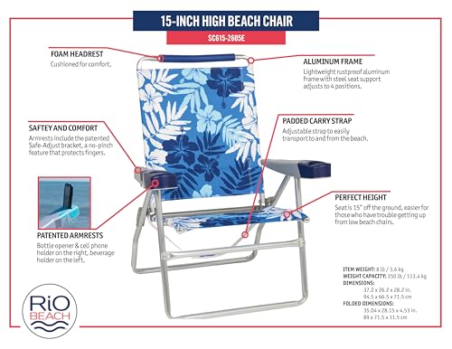 Image of Rio Beach 4-Position High Folding Beach Chair with Cup Holder, Arms, Bottle Opener, and Carry Strap, 15 inch H Outdoor Portable Camping Chair, Supports up to 250 lbs., Blue