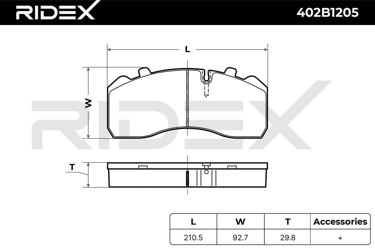 RIDEX 402B1205 Juego para eje Juego de pastillas de freno Trasero Delantero sin juego de tornillos de retención Compatible con MERCEDES-BENZ ATEGO 3