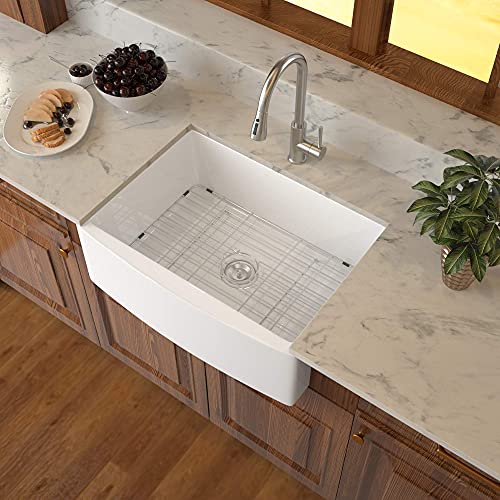 24 White Farmhouse Sink - Sarlai 24 Inch Small Farmhouse Sink White Arch Edge Apron Front Ceramic Porcelain Fireclay Single Bowl Farm Kitchen Sink Laundry Room Sink