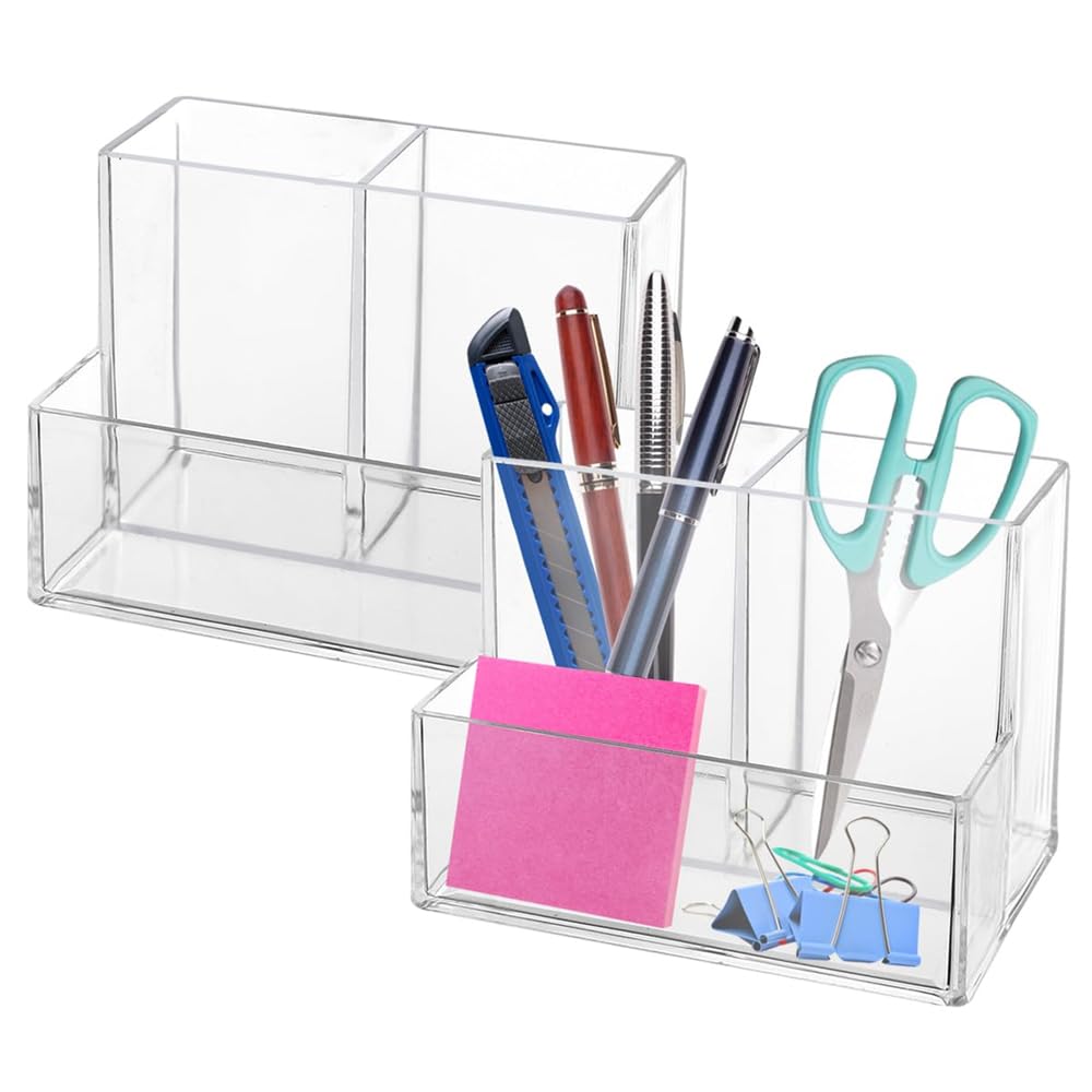 Azonee Pen Holder for Desk, 2 Pack Clear Acrylic Makeup Brush Holder, Desk Accessories Pencil Cup with Sticky Notes Holder and 3 Compartments, Pencil Organizer for Pen, Art Supply, Makeup Brush