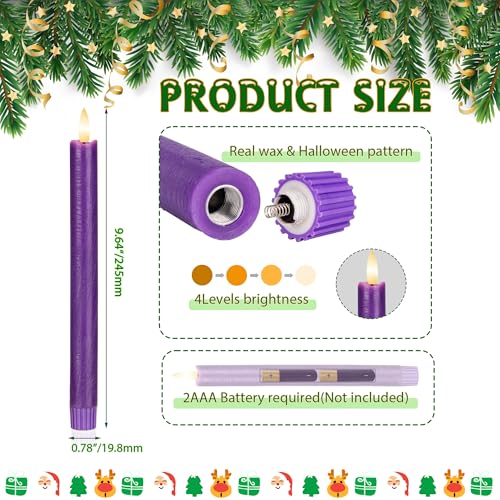 Image of Purple Flameless Taper Candles with Remote, 3 Pack Real Wax Battery Operated Candles, 9.6 Inch Flickering Led Christmas Candlesticks Decorations for Winter Home Holiday Xmas Gift