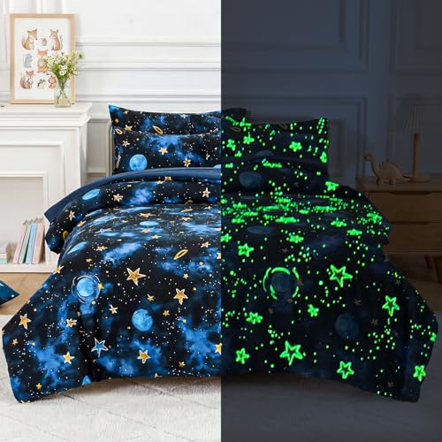 Kautudrum Kids Comforter Sets Twin Size for Boys Glow in The Dark Blue Starry Sky Space Bedding Set 3 Pieces - Boy Soft Bed Set with Pillow Shams