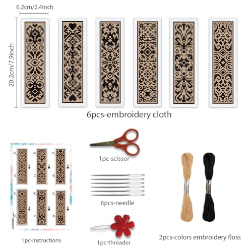 Image of BEUNITONE 6 Pcs Cross Stitch Bookmark Kit DIY Vintage Decorative Border Counted Cross Stitch Stamped Kits for Adults Beginners with Instructions Embroidery Bookmark Kit for Book Lovers 2.4x7.9 in