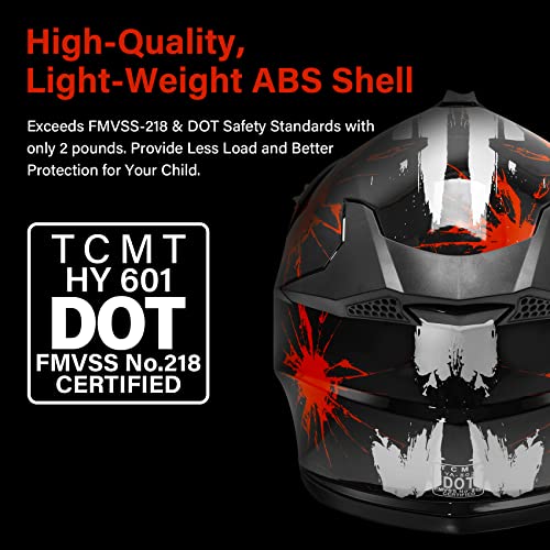 Image of XFMT Youth Dirt Bike Helmet DOT Kids Full Face Helmet for Motocross ATV Off-Road Street Bike Four Wheeler with Goggles & Gloves, Black Red Firework Small