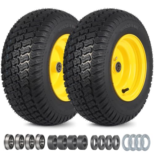 GICOOL 16x6.50-8 Tubeless Tire and Wheel, 16x6.5-8 Lawn Mower Tires, 3'-4.5' Offset Hub, 3/4' or 5/8' Bearing, Universal Fit Riding Mower and Garden Tractor Front Wheel, 4 Ply, S-Turf Pattern, 2 Pack