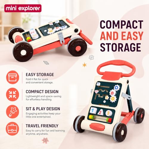 Image of MiniExplorer Baby Activity Walker for 6-15 Months, Foldable Push Walker for Babies, Toddler Learning Walker with Activity Panel, Walker for Boys & Girls, Anti-Slip Wheels & Interactive Toys - Beige