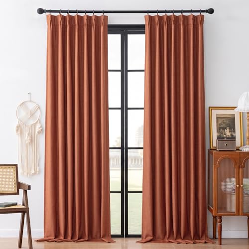 Image of MYSKY HOME Burnt Orange Pinch Pleated Full Black Out Curtains 108 inches Long for Bedroom Living Room Linen Textured Thermal Insulating Room Darkening Window Drapes, 40 inch Wide per Panel, 2 Pcs