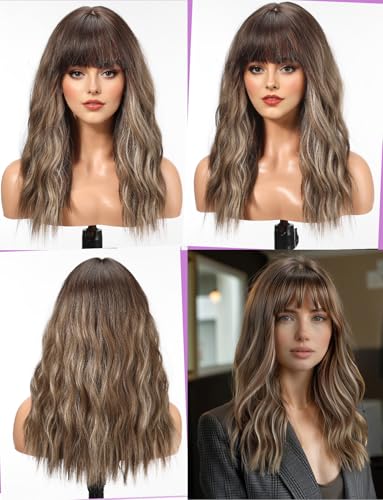 WOKESTAR Long Wig with Fringe Synthetic Wavy Wigs for Women Mixed Brown Color - Image 2