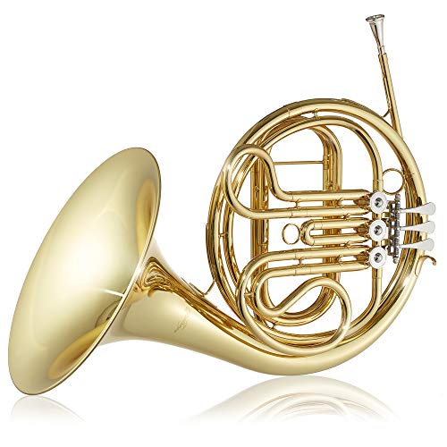 Ashthorpe Single F French Horn with Gold Lacquer Finish - Includes Case, Mouthpiece, Gloves, Cleaning Cloth and Piston Oil