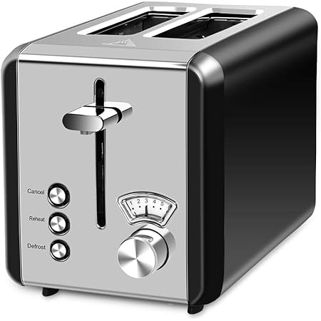 MIC Toaster 2 Slice Wide Slot, 6 Browning Settings,Polished Stainless Steel Housing Not Hot Toaster 3 Functions Cancel/Reheat/Defrost, High-Lift Removal Crumb Tray 850 W, Black