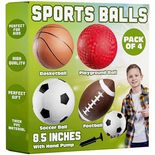 8.5” Sports Balls for Kids & Toddlers - (Pack of 4) Rubber Inflatable Multi-Sport Ball Set - Football, Soccer Ball, Basketball, Playground Ball & Pump - Birthday Gift, Outdoor Toys for Boys & Girls.