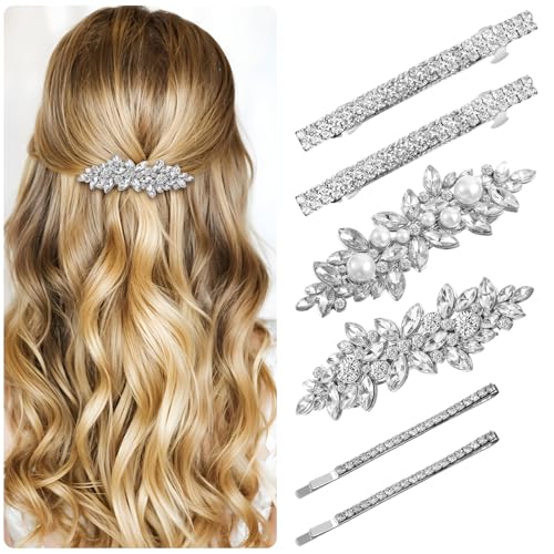 Elegaperma Lot de 6 barrettes à cheveux en strass argentées avec strass et alliage métallique pour mariages, fêtes ou vêtements quotidiens