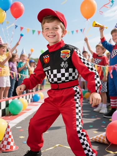 Kids Race Car Driver Costume Boys Girls Racer Jumpsuit With Car Cap Kids Dress Up for Halloween4