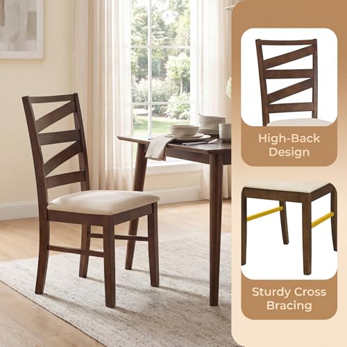 Image of COSTWAY Wooden Dining Chairs Set of 2, Farmhouse Kitchen Side Chair with High Back, Fabric Padded Seat, Armless Chairs for Dining Room, Living Room, Home Kitchen, Restaurant (Brown & Beige)