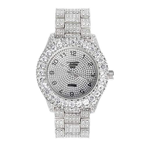Mens 44mm Iced Out Solitaire Bezel Silver Diamond Watch with Bling-ed Out Metal