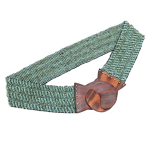Beaded Women's Belt from Bali - Turquoise Color Elastic Western Style Cinch Belt, Wood Hook Buckle 32-39-inch, 2.5 Width 2-mm Glass Beads GIFT BOXED2