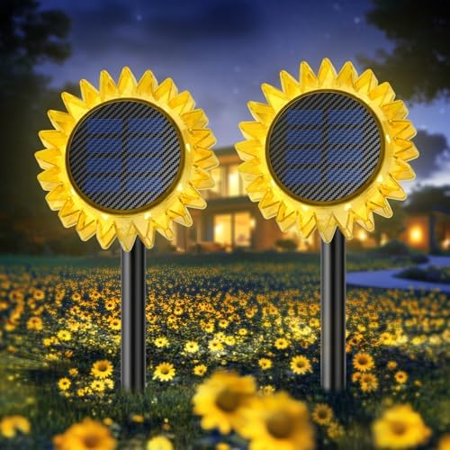 Solar Garden Lights - Upgraded Solar Sunflower Light, Ground/Wall 2 In 1, Outdoor Lights Waterproof IP67,Garden Yard Patio Backyard Pathway Landscape Fence Wall Decoration, Warm White(2 Pack)